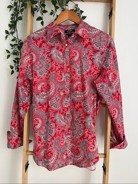 Chaps Red Paisley Button-Down  No Iron Blouse Size L/G